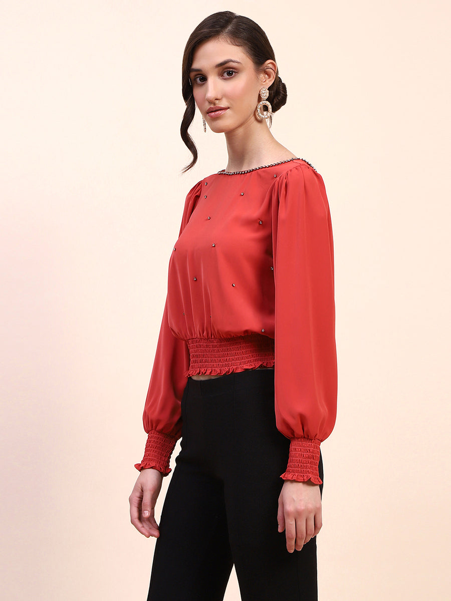 Camla Barcelona Embellished Boat Neck Cinch Waist Red Top