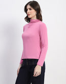 Madame Ruched Mock Neck Plain Pink Cotton Top