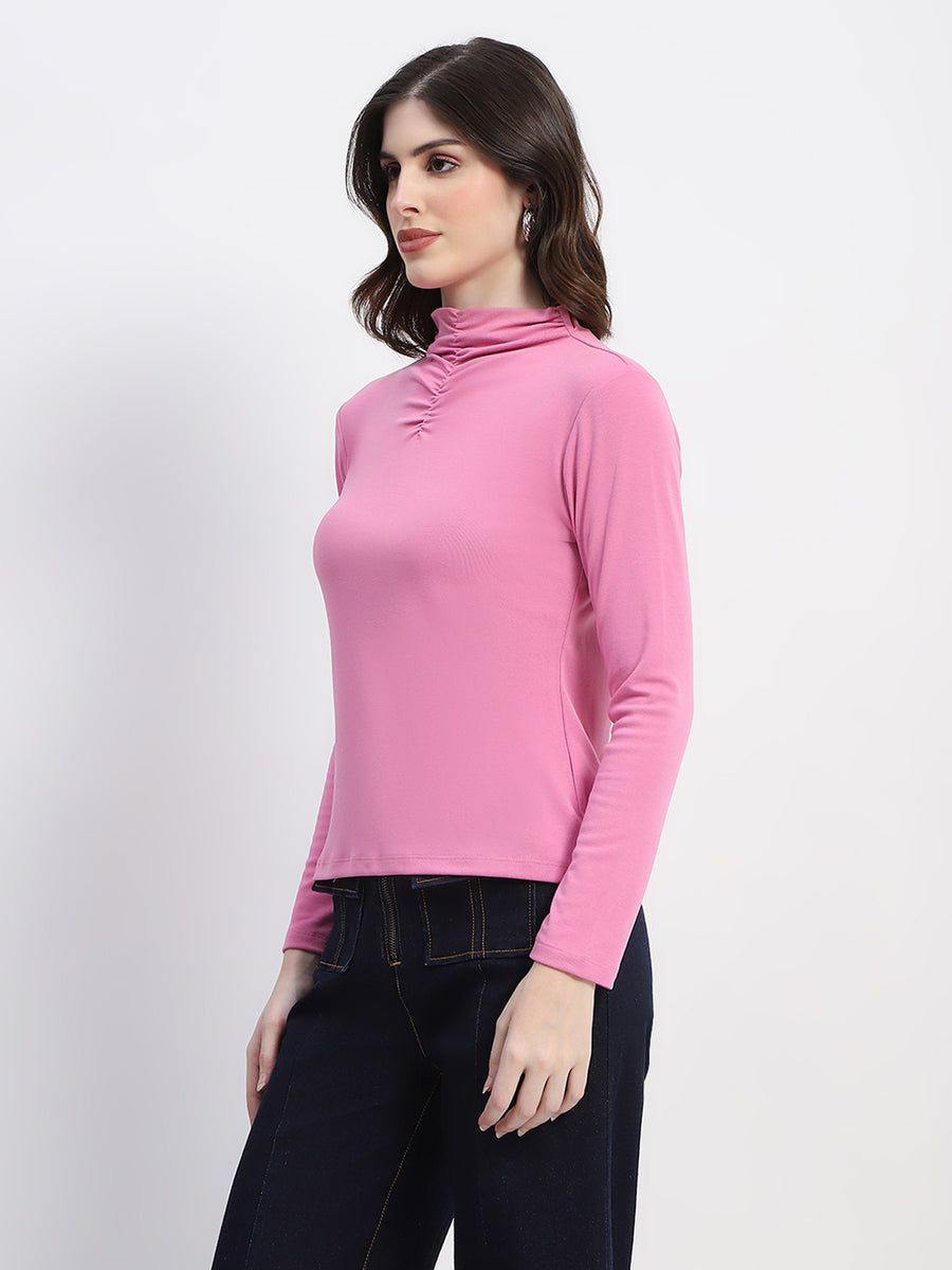 Madame Ruched Mock Neck Plain Pink Cotton Top