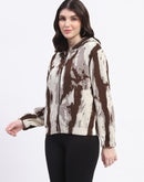 Madame All Over Print Zipped Brown Hooded Sweatshirt For Women