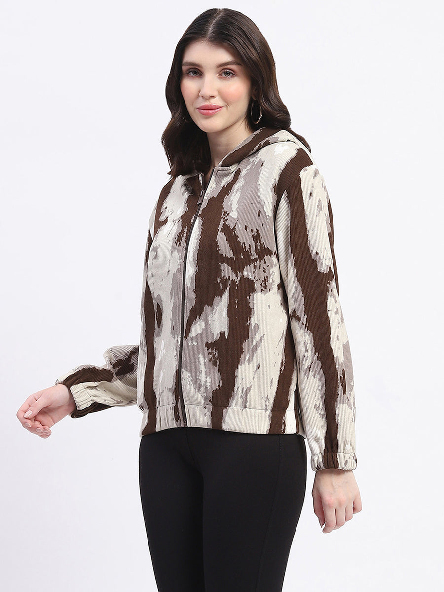 Madame All Over Print Zipped Brown Hooded Sweatshirt For Women