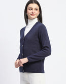 Madame V Neck Buttoned Navy Blue Cardigan