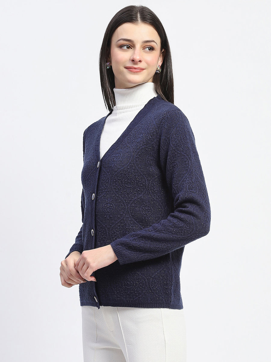 Madame V Neck Buttoned Navy Blue Cardigan