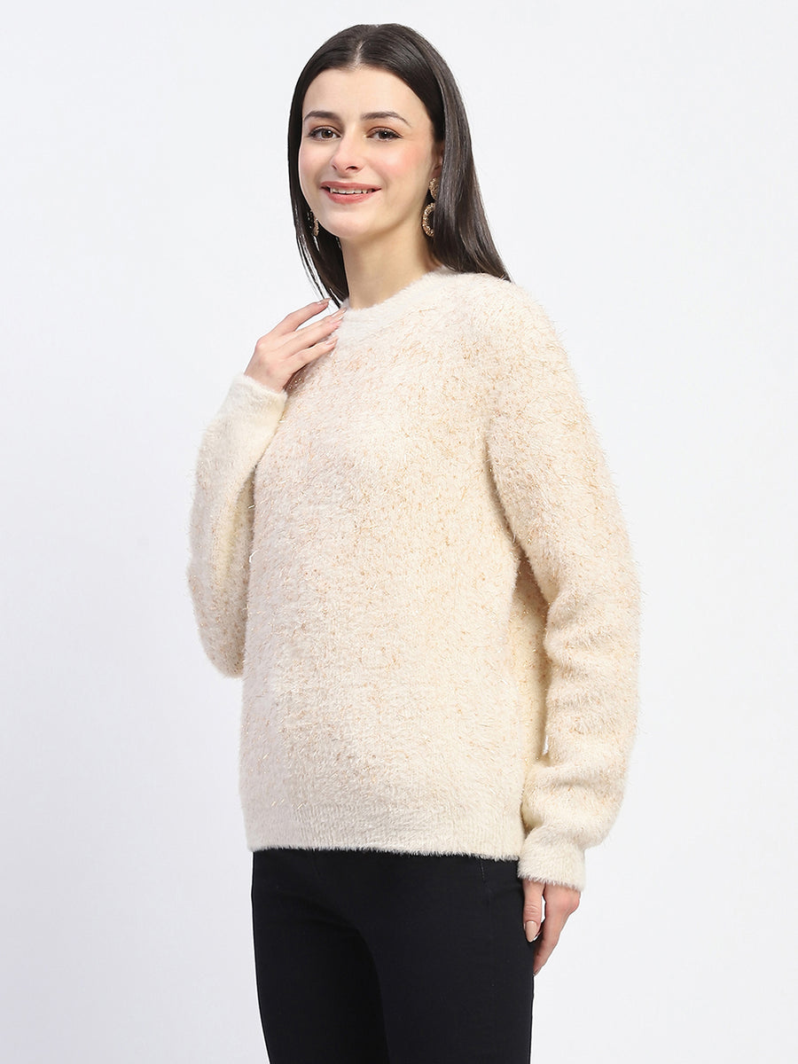 Madame Nylon Blend Full Sleeve Solid Beige Sweater