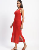 Madame V Neck Crochet Red Cotton Knitted Dress