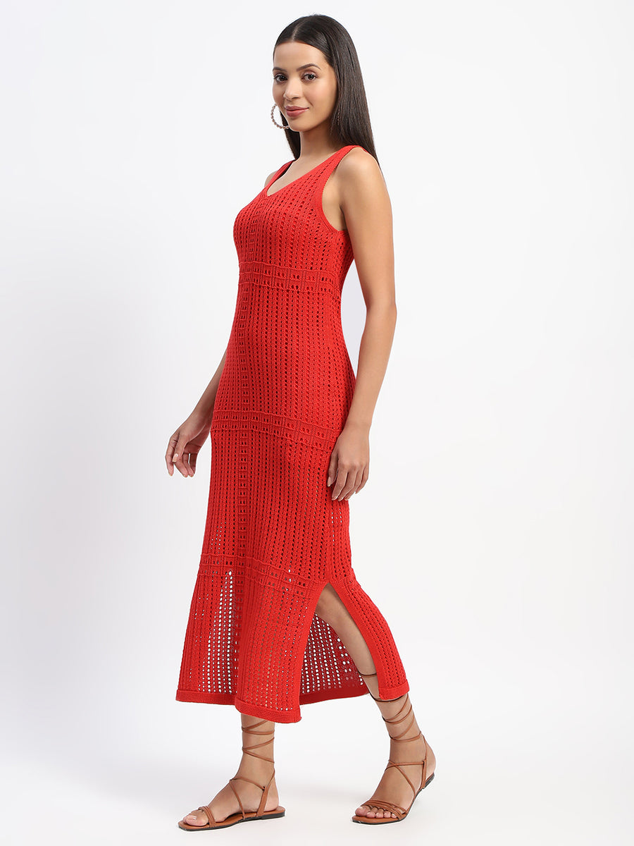 Madame V Neck Crochet Red Cotton Knitted Dress