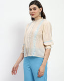 Madame Bridgerton Embroidered Mock Neck Beige Rayon Shirt