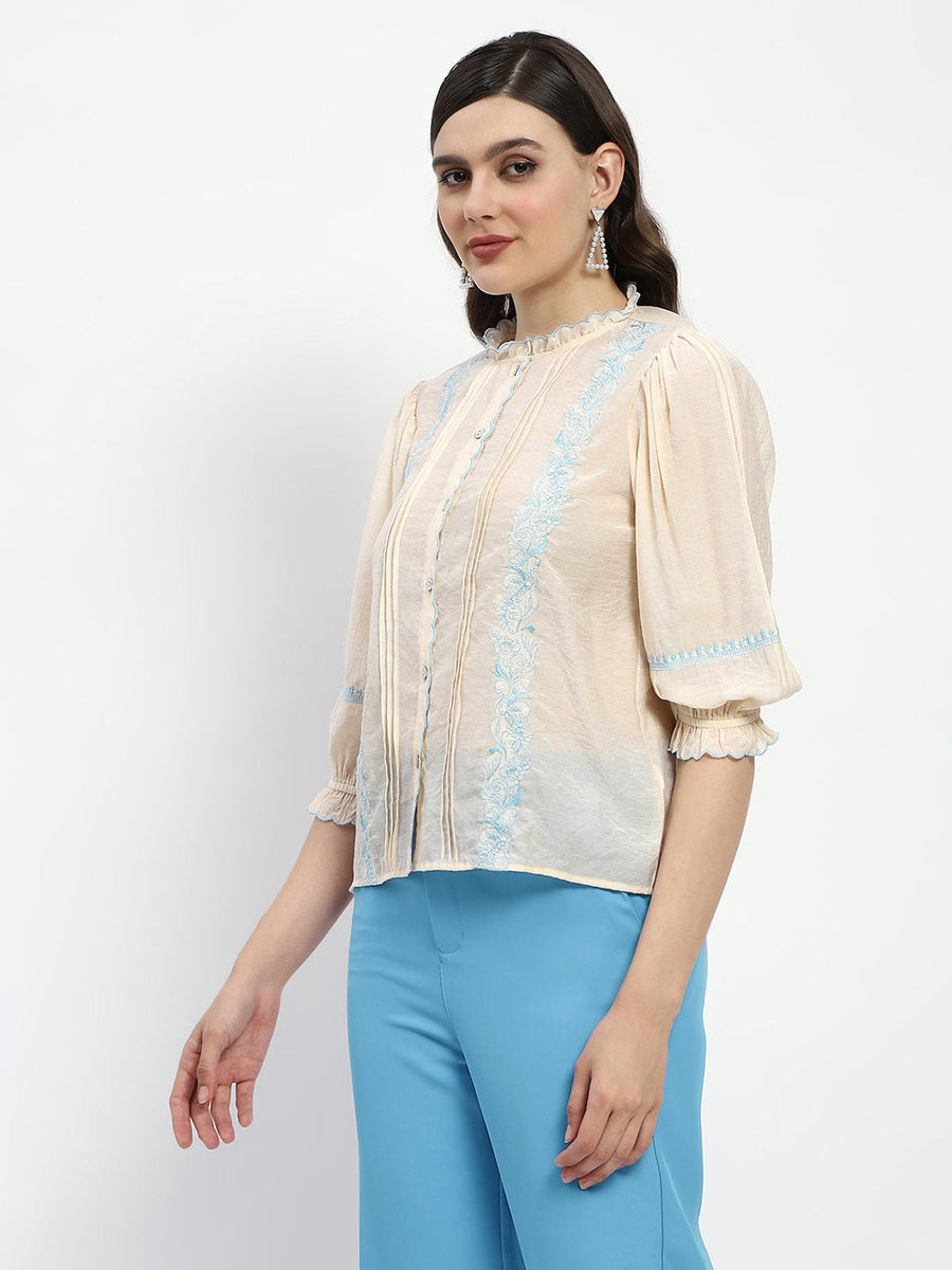 Madame Bridgerton Embroidered Mock Neck Beige Rayon Shirt