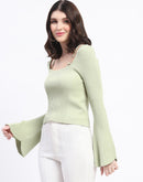 Madame Metal Accented Flounce Sleeve Mint Green Knit Top