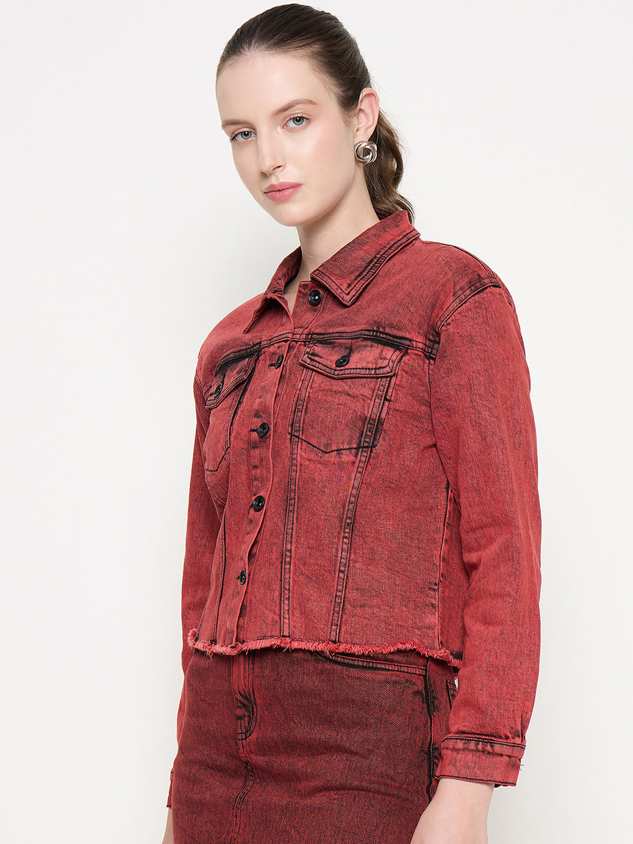 Madame Acid Wash Cotton Blend Red Denim Jacket