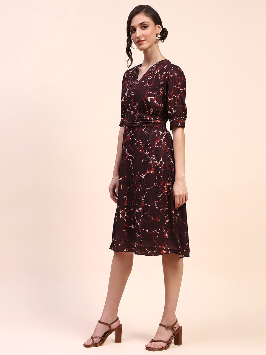 Camla Barcelona Abstract Print Cinched Waist Brown Mid Dress