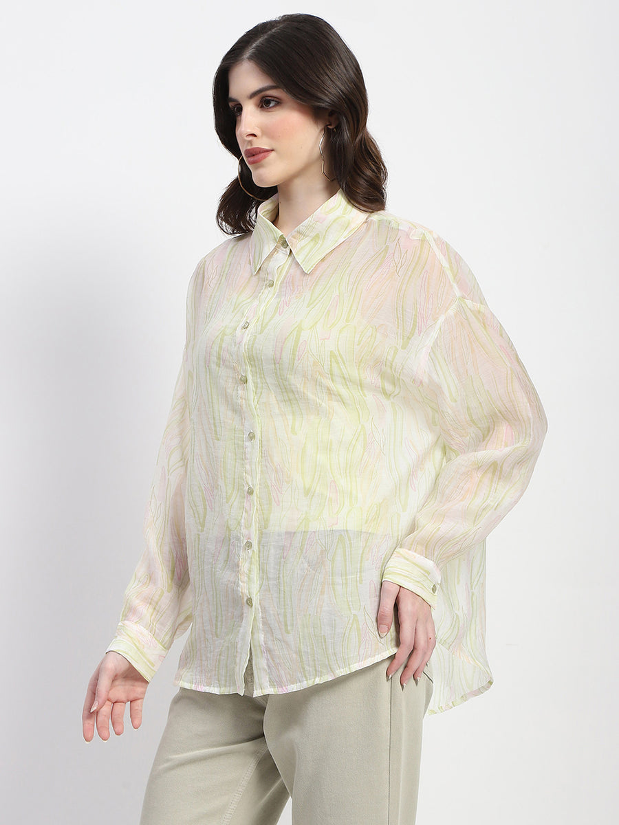 Madame Semi Sheer Abstract Print Lime Shirt