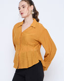 Madame Pleat Detailed Pearl Buttoned Solid Mustard Yellow Shirt