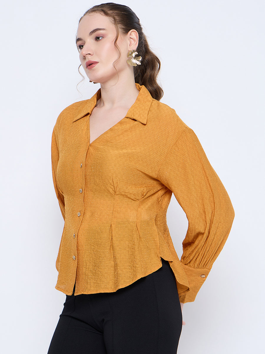 Madame Pleat Detailed Pearl Buttoned Solid Mustard Yellow Shirt