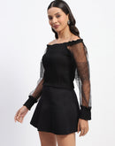 Madame Sheer Sleeve Gathered Off Shoulder Black Top