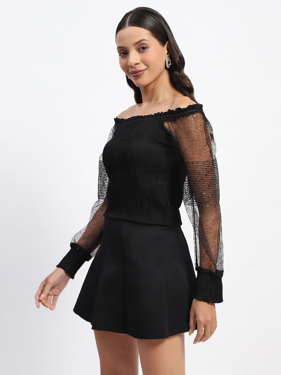 Madame Sheer Sleeve Gathered Off Shoulder Black Top