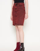 Madame Acid Wash Cotton Blend Red Denim Skirt