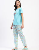 mSECRET Blue Cotton T-Shirt and Floral Print Pyjama Night suit Set