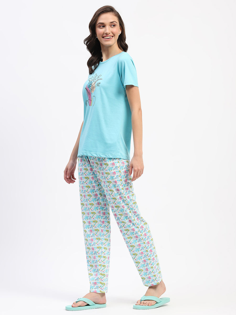 mSECRET Blue Cotton T-Shirt and Floral Print Pyjama Night suit Set