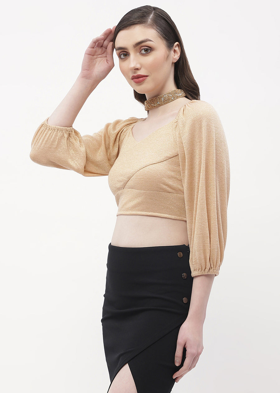 Madame Sweetheart Neck Beige Shimmery Crop Top