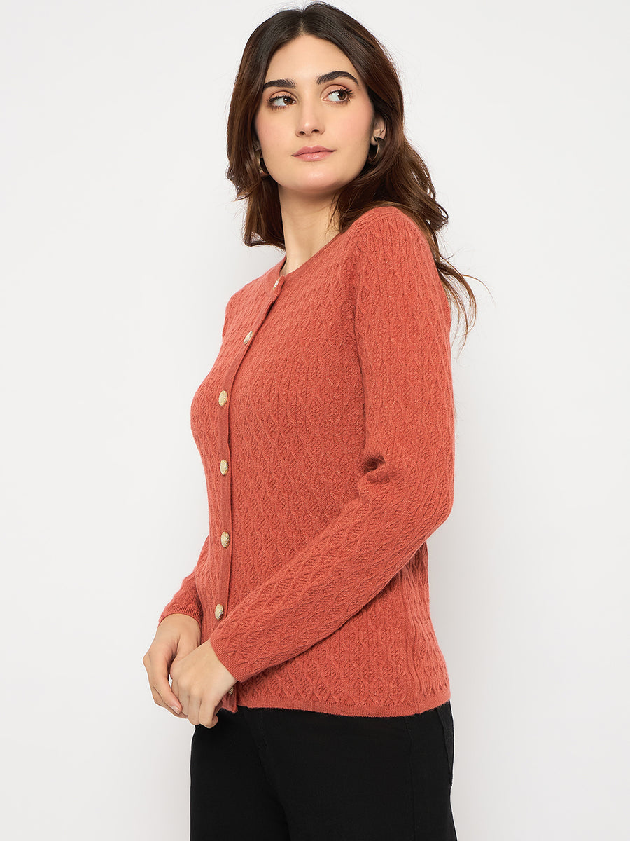 Madame Cable Knit Round Neck Rust Red Cardigan