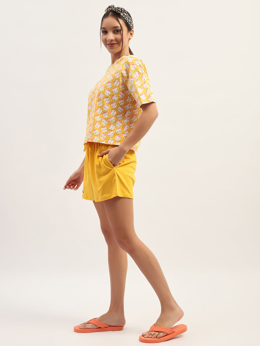 mSECRET Printed Cotton Mustard Top with Shorts