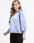 Madame Blue Satin Wrap Top with Flower Detail