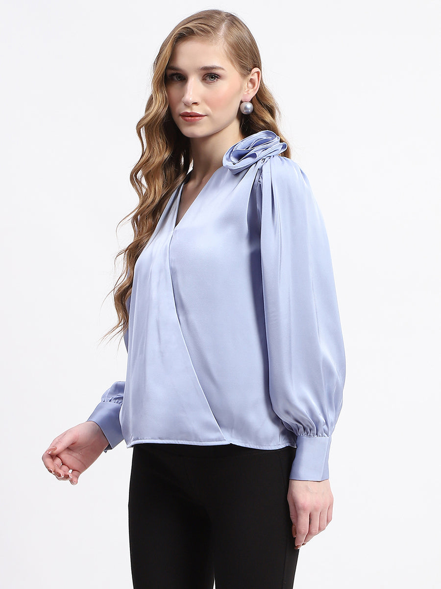 Madame Blue Satin Wrap Top with Flower Detail