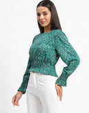 Madame Animal Print Cinch Waist Green Top