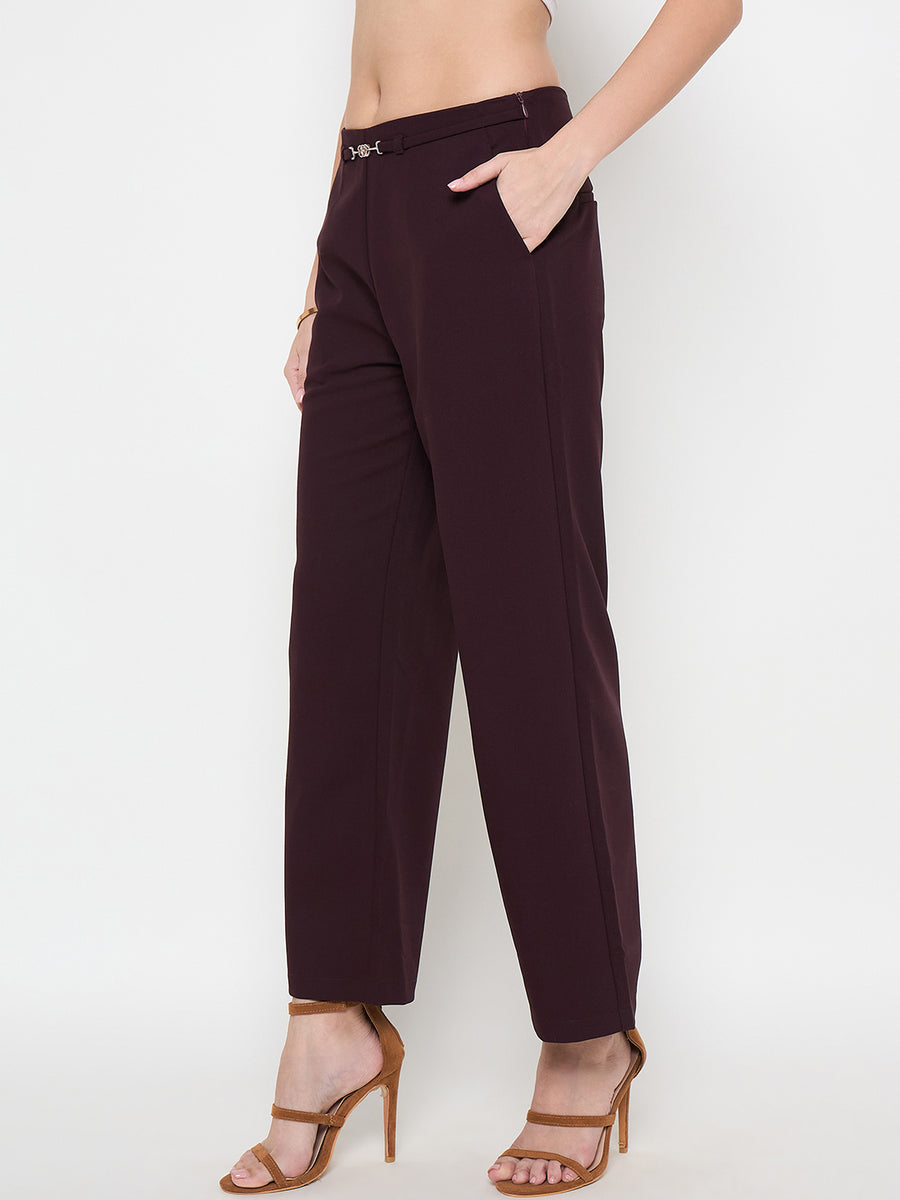 Madame Belted Straight Fit Wine Trousers