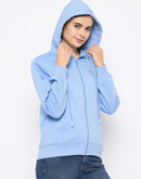 Madame Fleece Placement Printed Zipped Powder Blue Hooded Sweatshirt