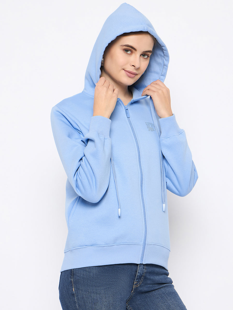 Madame Fleece Placement Printed Zipped Powder Blue Hooded Sweatshirt