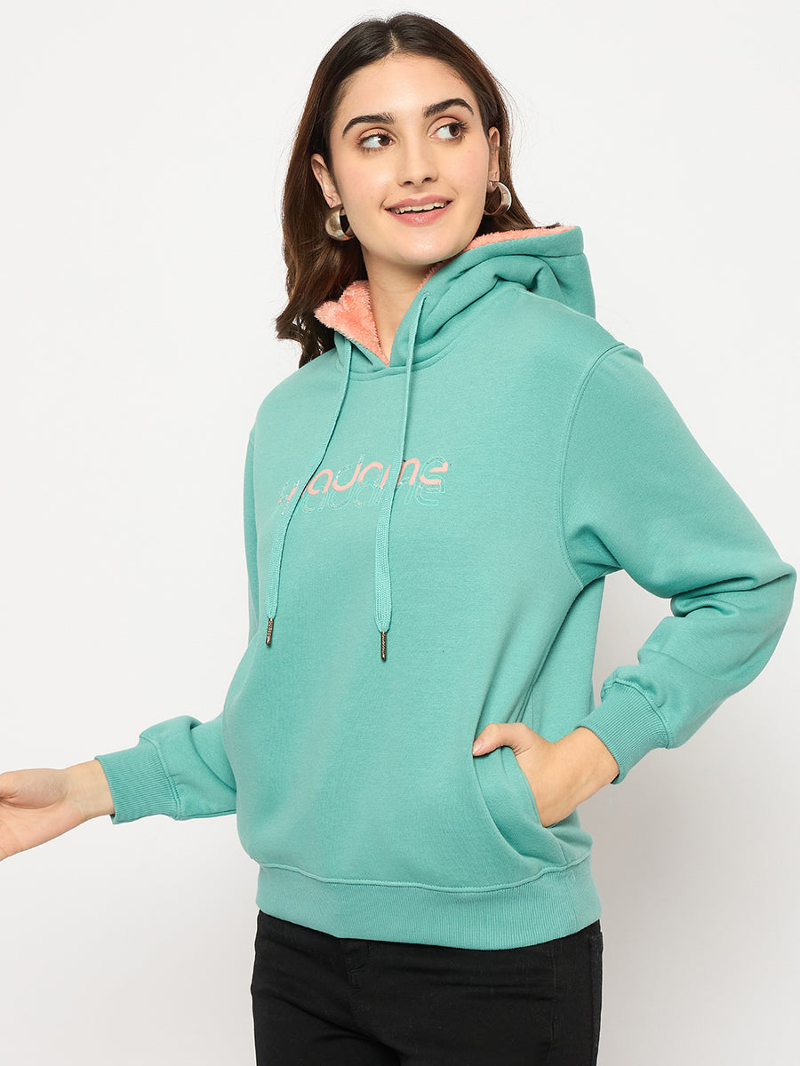 Madame Branding Print And Handwork Seafoam Hooded Sweatshirt