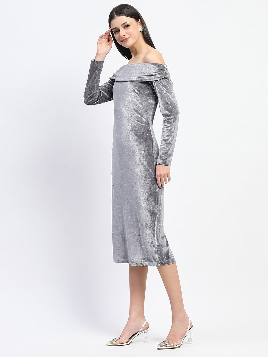 Madame Off-shoulder embellished Grey Velvet Dress