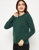 Madame Ribbed Cuffs Round Neck Bottle Green Sweater