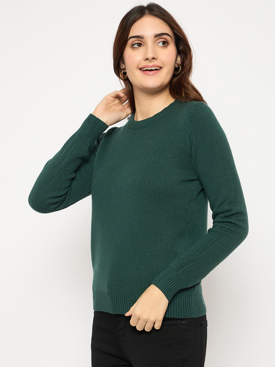 Madame Ribbed Cuffs Round Neck Bottle Green Sweater