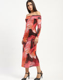 Madame Shanaya Kapoor Abstract Print Off Shoulder Semi Sheer Orange Maxi Dress