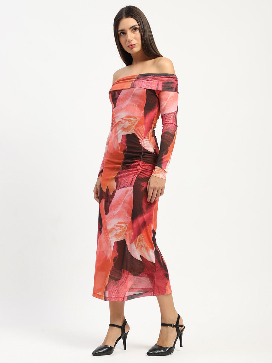 Madame Shanaya Kapoor Abstract Print Off Shoulder Semi Sheer Orange Maxi Dress