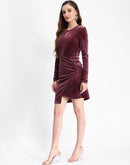 Madame Front Ruched Detailed Solid Mauve Midi Velvet Dress