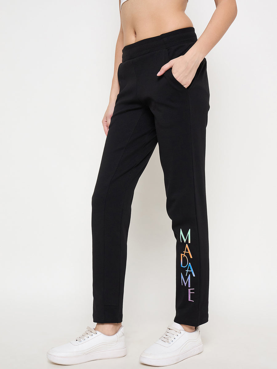 Madame Typography Adorned Cotton Blend Black Track Bottom