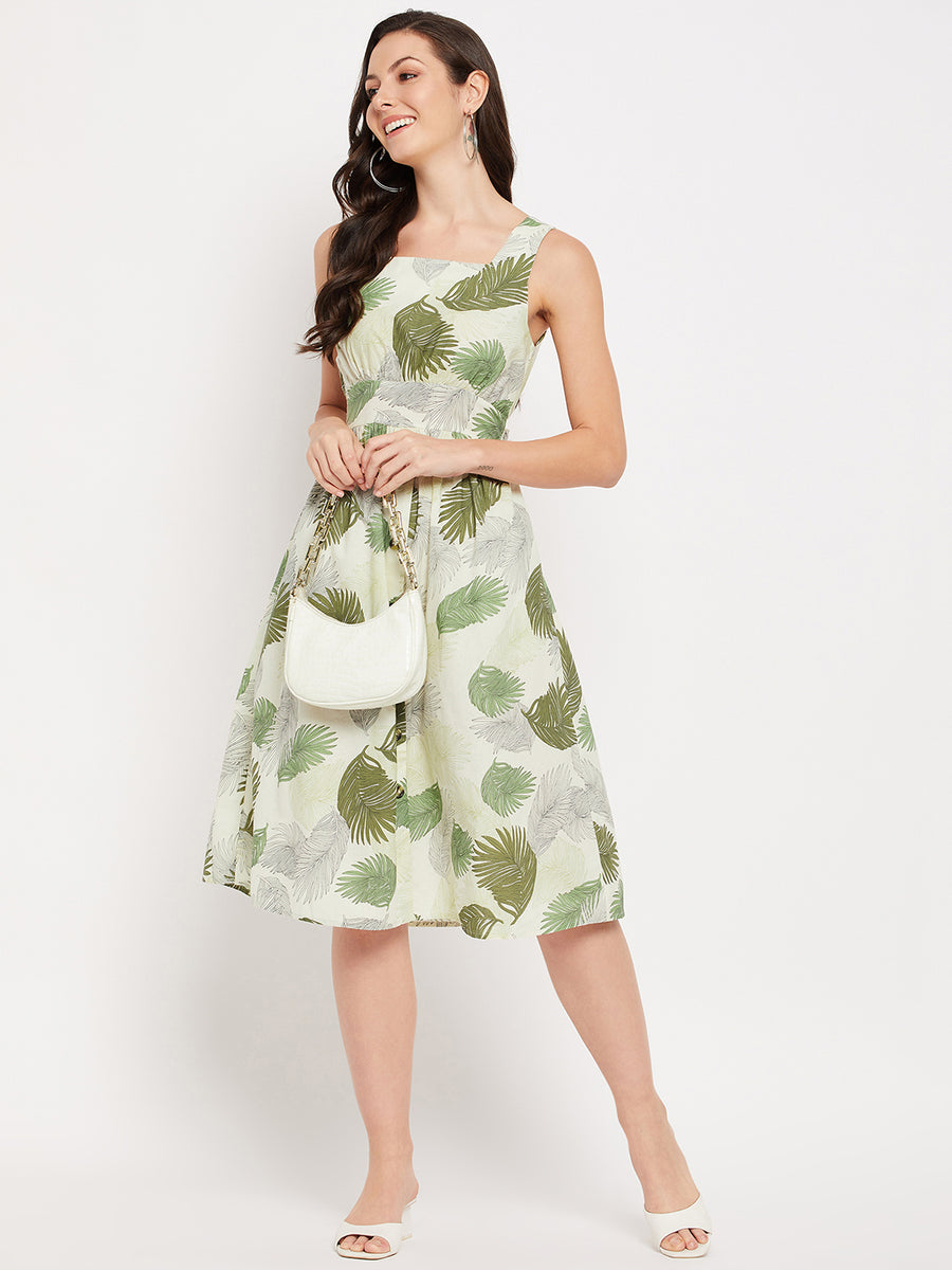 Madame Green Printed Fit & Flare  Dress