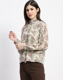 Madame Frill Neck Button Down Mint Floral Print Top