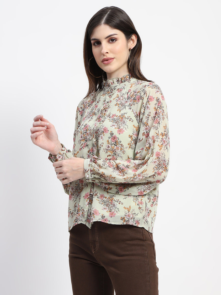 Madame Frill Neck Button Down Mint Floral Print Top