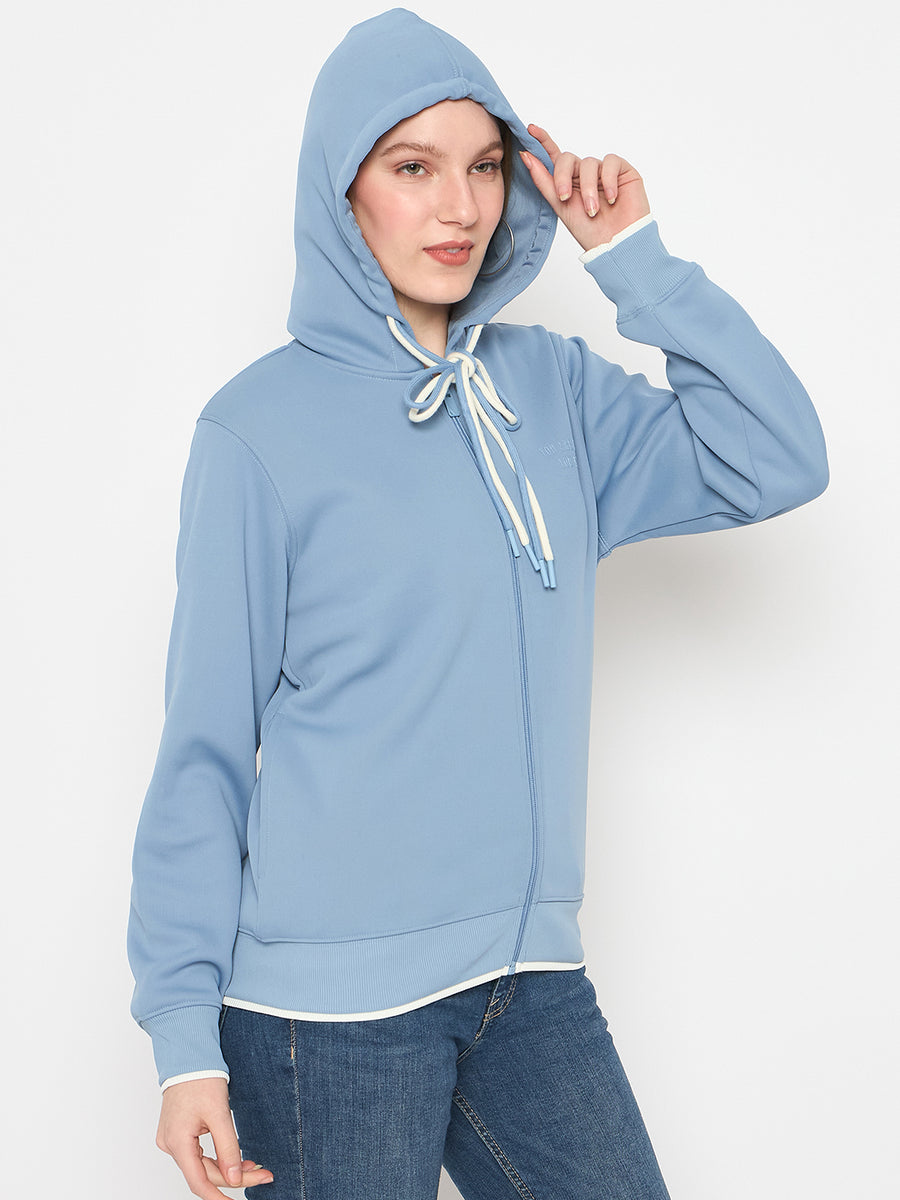 Madame Bonded Fleece Placement Print Light Blue Zipped Sweatshirt