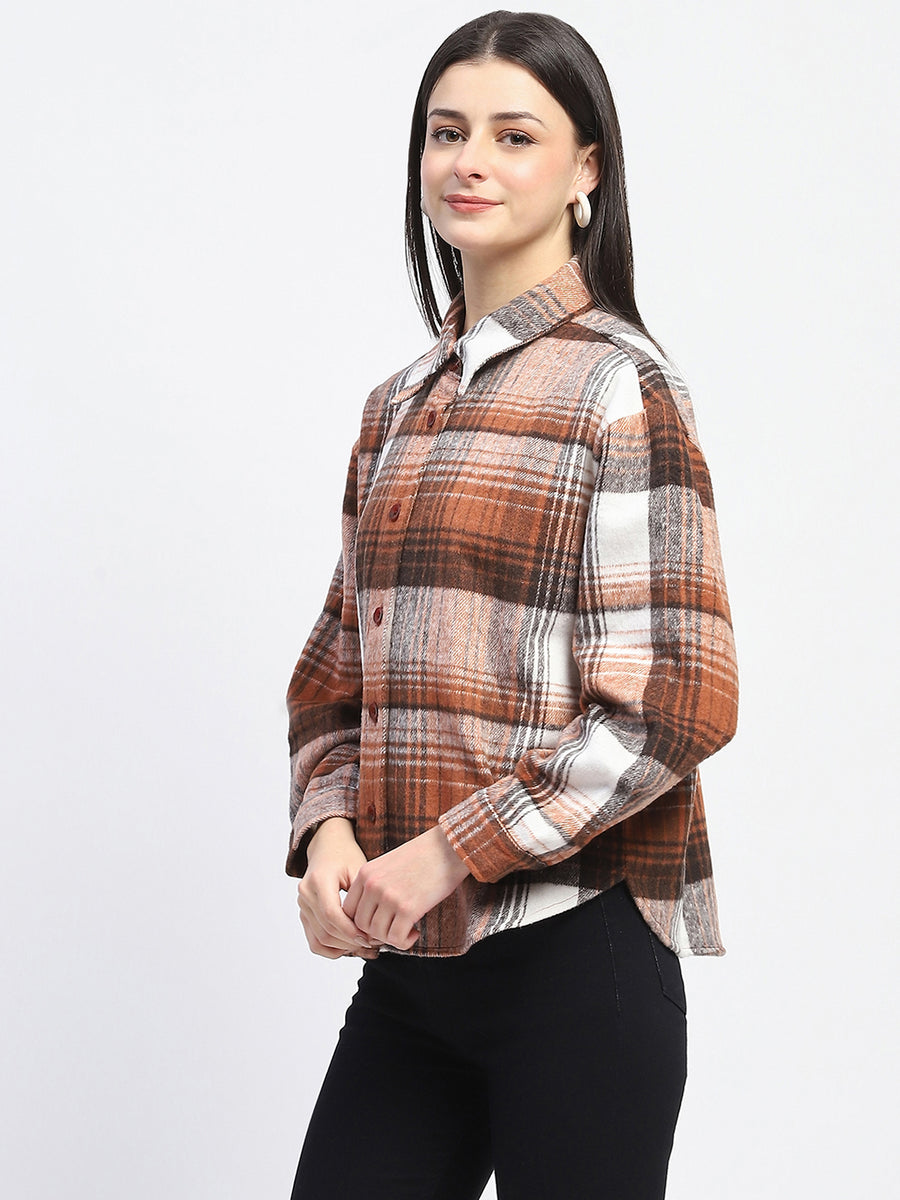 Madame Plaid Pattern Collared Brown Shacket