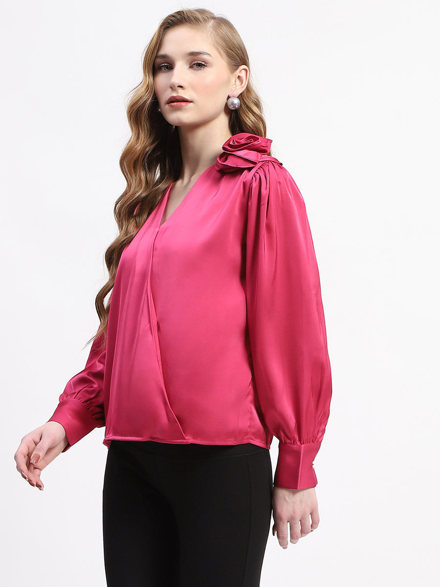 Madame Hot Pink Drape Top with Flower Applique