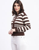 Madame Viscose Blend Zipped Chocolate Brown Striped Knitted Top