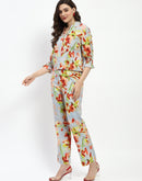 Madame Floral Print Cotton And Linen Teal Co-Ord Set