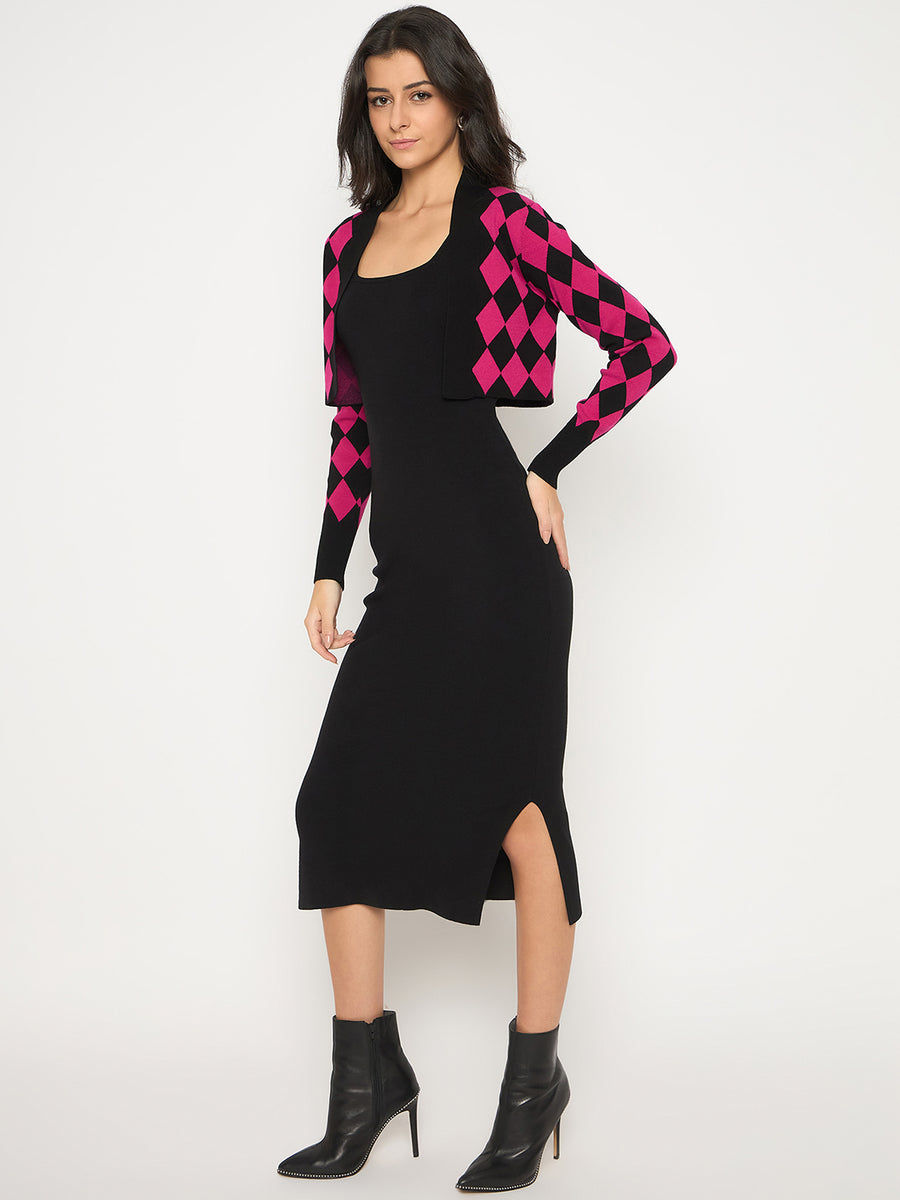 Madame Geometric Print Shrug and Solid Dress Magenta Ensemble