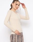 Madame Scalloped Neck Solid Beige Sweater